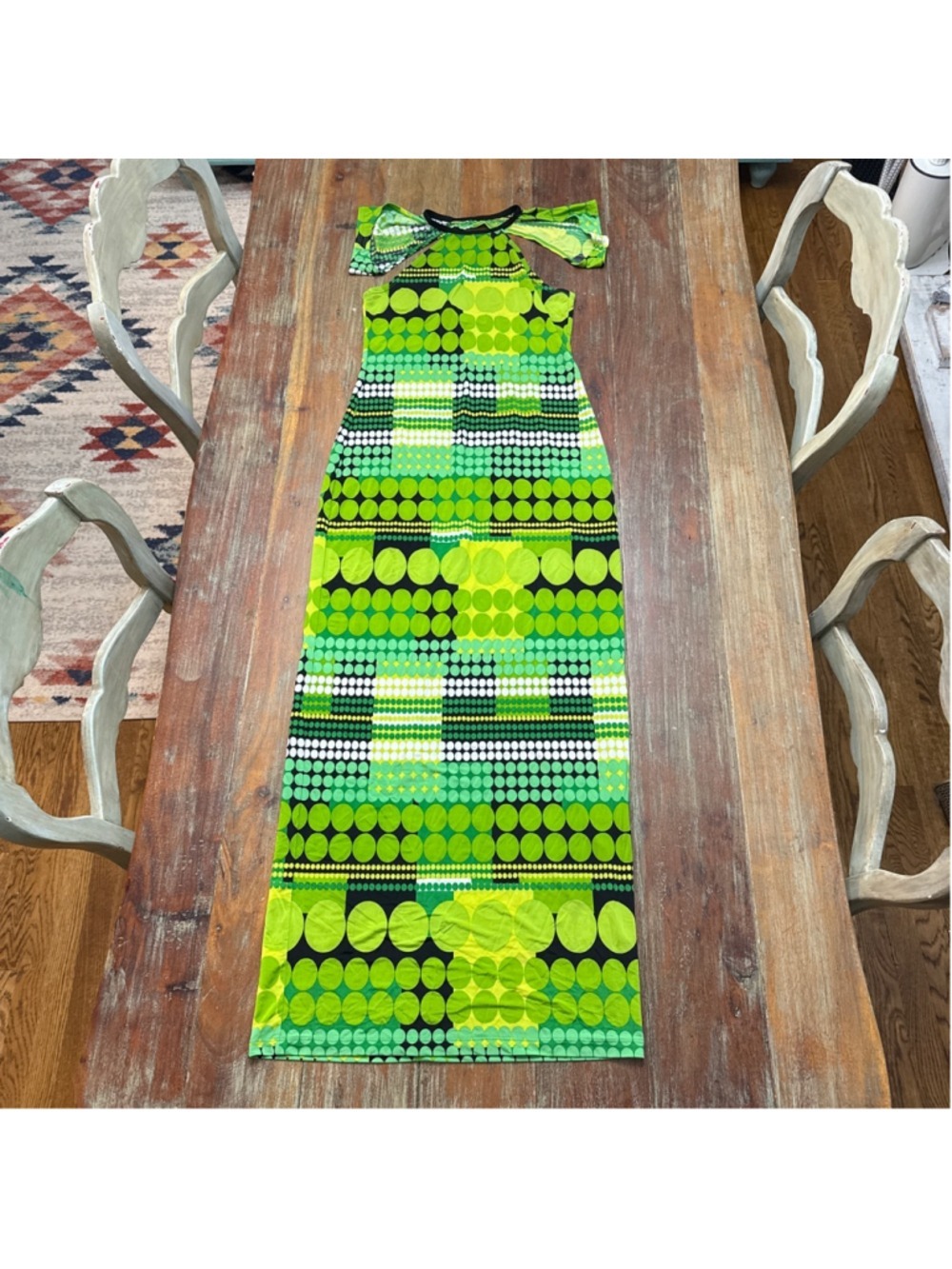 SAMMY B Geometric Polka Dot Maxi Dress M • Cold Shoulder Halter Neck Lime Green